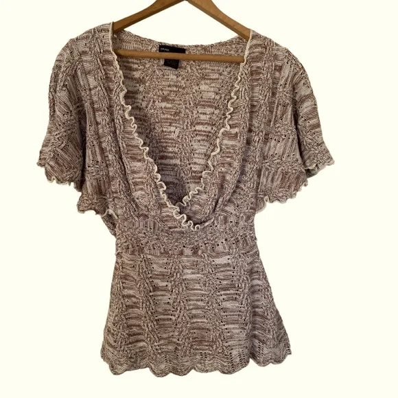 Grace Elements Laguna Ivory tan cotton knit scallop hem sweater top sz s - Picture 1 of 12